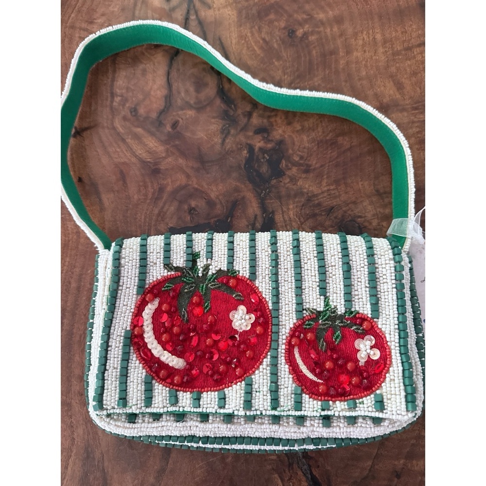 NWT Bead Appliqué Heirloom Tomato Girl Summer Green & White Striped Shoulder Bag - Picture 10 of 13